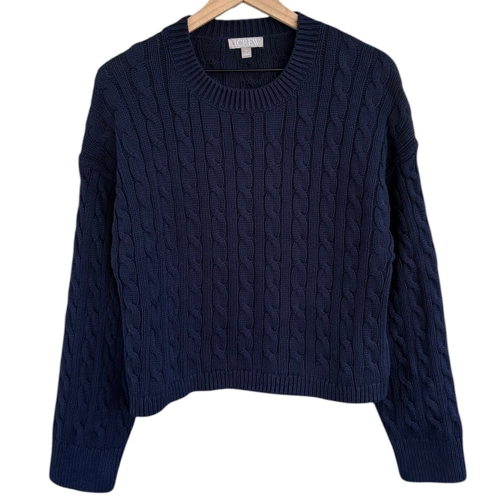 J.Crew Women Navy Blue Cable Knit 100% Cotton Crew Neck Sweater Size Medium